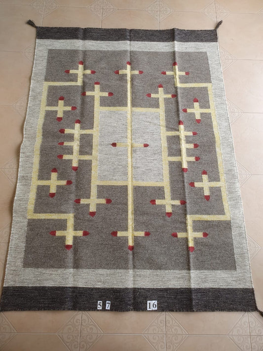 Navajo Dhurrie Patterned Wool Rugs  - Multi Coloured 5 x 7