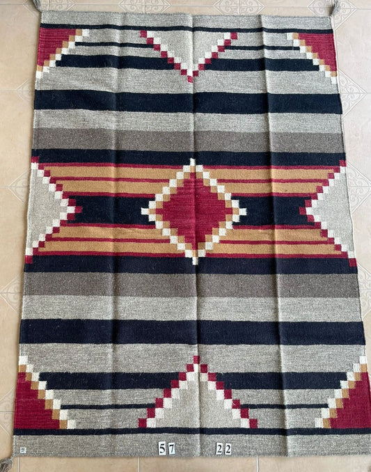 Navajo Dhurrie Patterned Wool Rugs  - Multi Coloured 5 x 7