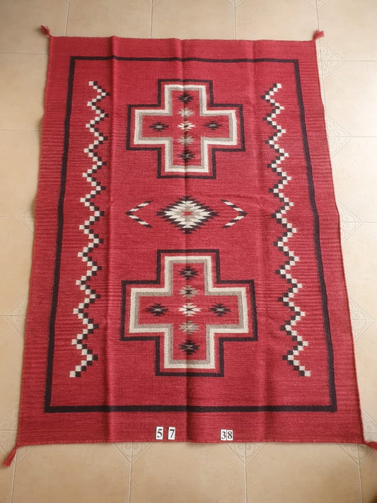 Navajo Dhurrie Patterned Wool Rugs  - Multi Coloured 5 x 7