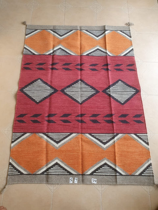 Navajo Dhurrie Patterned Wool Rugs  - Multi Coloured 5 x 7