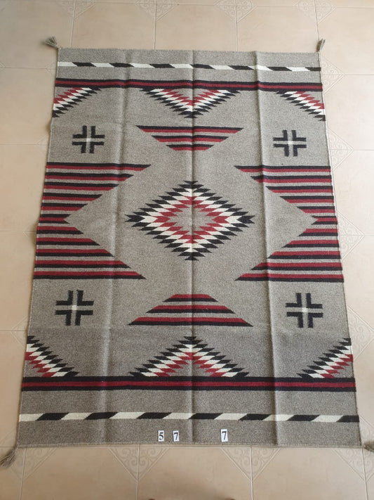 Navajo Dhurrie Patterned Wool Rugs  - Multi Coloured 5 x 7